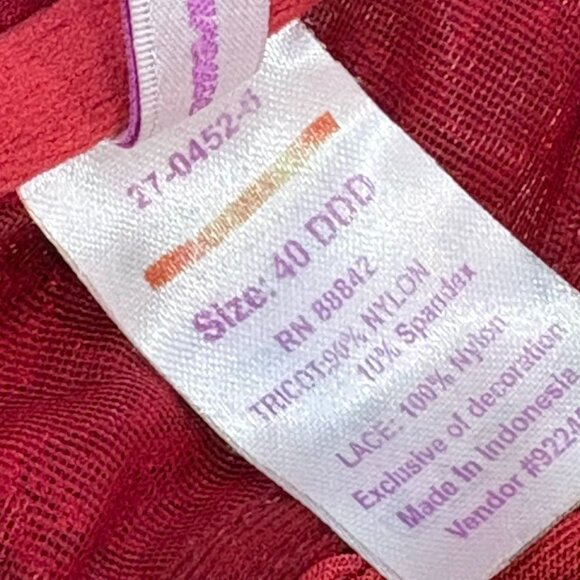 Amoureuse Women's Plus Size Embroidered Underwire Bra Red 40DDD - Picture 8 of 8